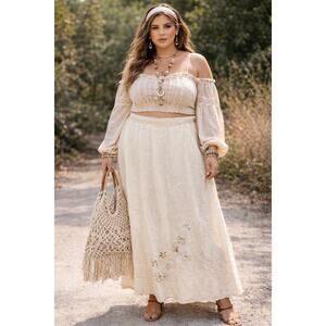 sacred threads XL 16 elastic drawstring waist cotton cream floral aplique skirt